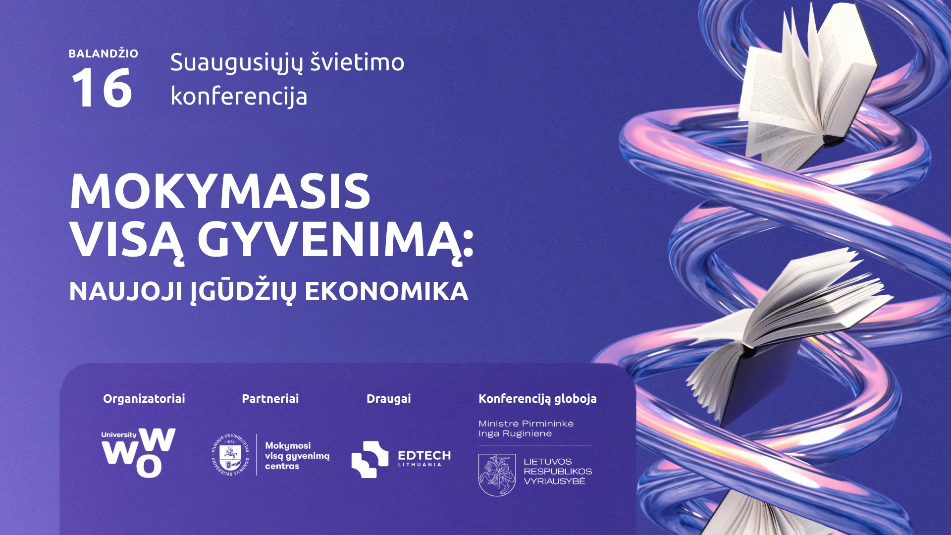 Konferencijos vizualas su integruotu tekstu ir partnerių blokais