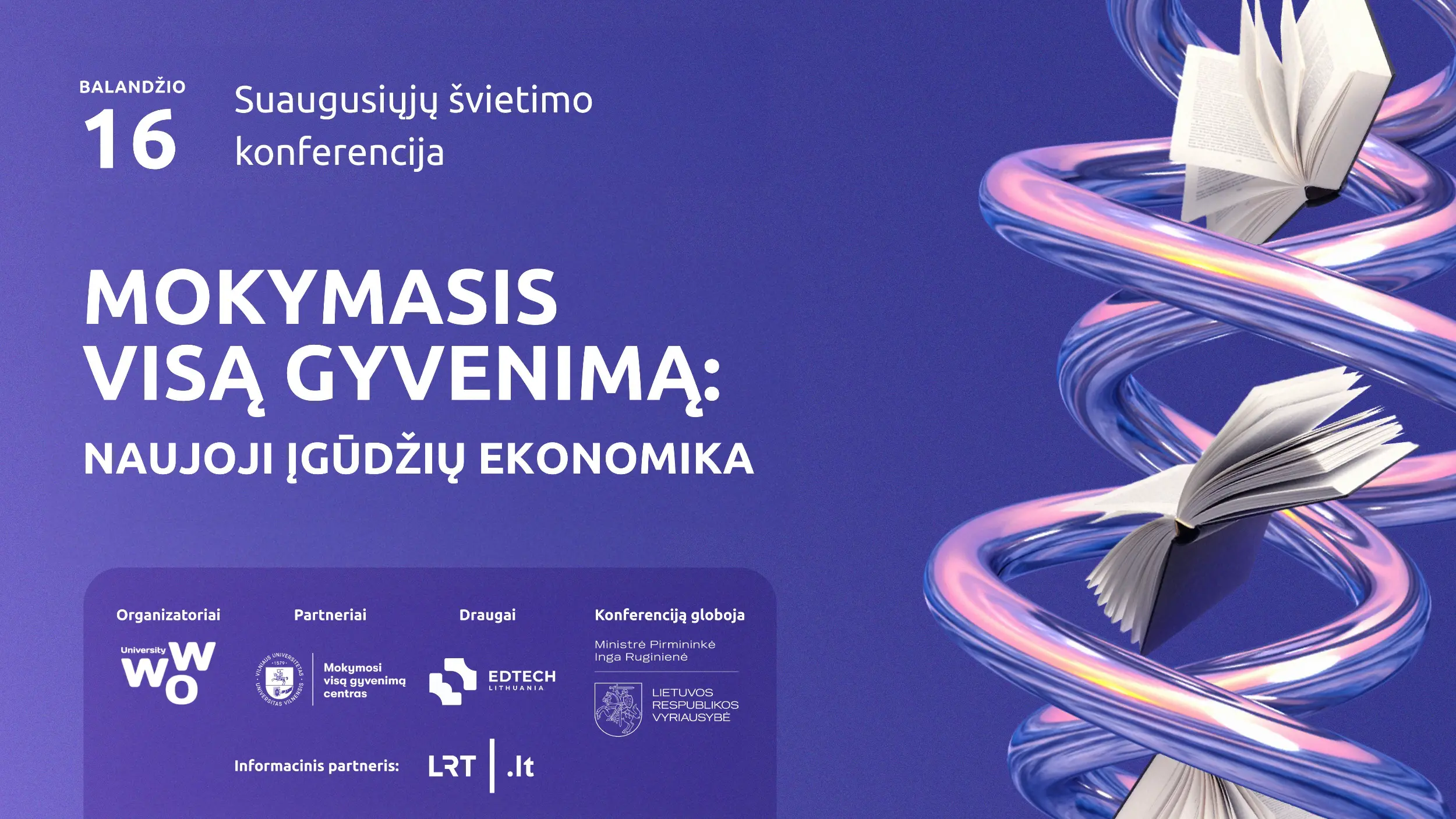Konferencijos vizualas su integruotu tekstu ir partnerių blokais